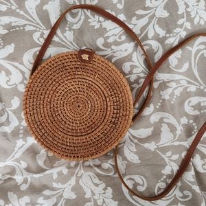 Handwoven Round Rattan Bag Shoulder Leather Straps Natural Chic Hand